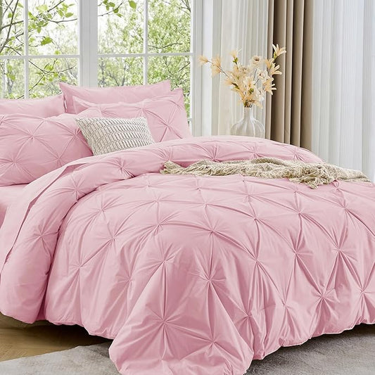 Sasttie Twin Comforter Set, 5-Piece Bed in a Bag, Pintuck Bedding Sets for All Season, Includes Comforter, Flat Sheet, Fitted Sheet, Pillowcase and Pillowsham, Baby Pink