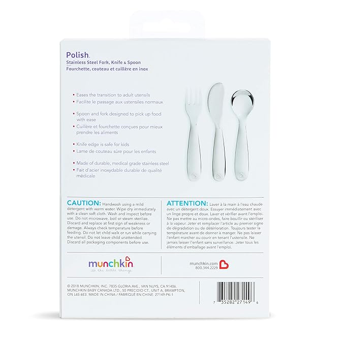 Munchkin Polish Toddler Utensils, Includes Fork, Knife and Spoon, Stainless Steel, 3 Piece