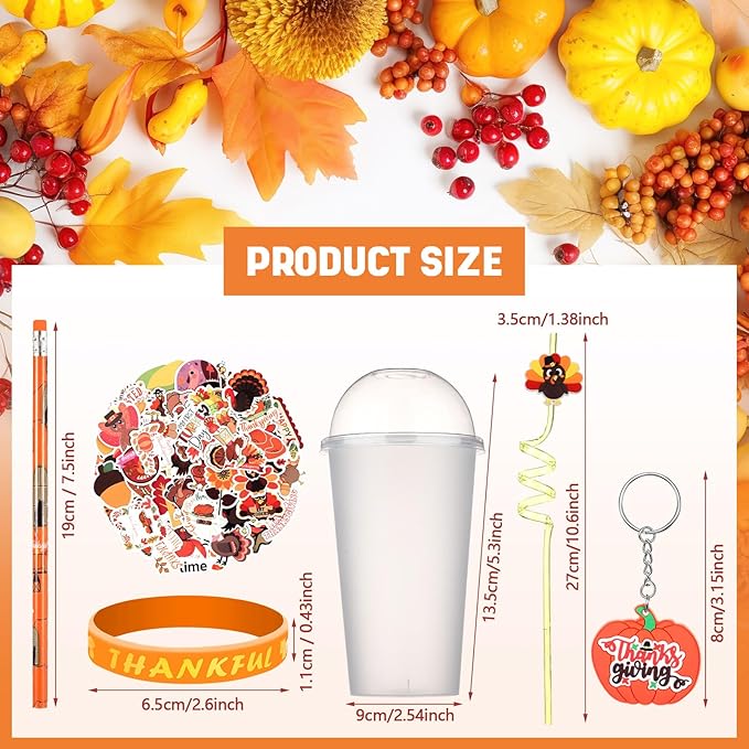 24 Set Fall Pumpkin Party Favor Thanksgiving Party Supplies Maple Turkey Keychain Pencil Straw Sticker Silicone Bracelet for Thanksgiving Goodie Bag Fillers Classroom Gifts