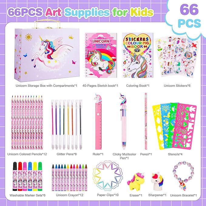 homicozy Art Supplies for Kids,66PCS Drawing Kits with Unicorn Storage Case for Girls Age 4-12,Coloring Art Case,Crayon,Colored Pencils,Coloring Book Sketch Book Drawing Stuff,Gift Toys for Girls 4 Up
