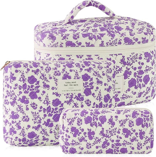 URSKYTOUS 3Pcs Cotton Quilted Makeup Bag for Women Girls Large Small Travel Portable Cosmetic Bag Set Cute Purple Floral Zipper Make Up Pouch Coquette Aesthetic Storage Toiletry Organizer Case