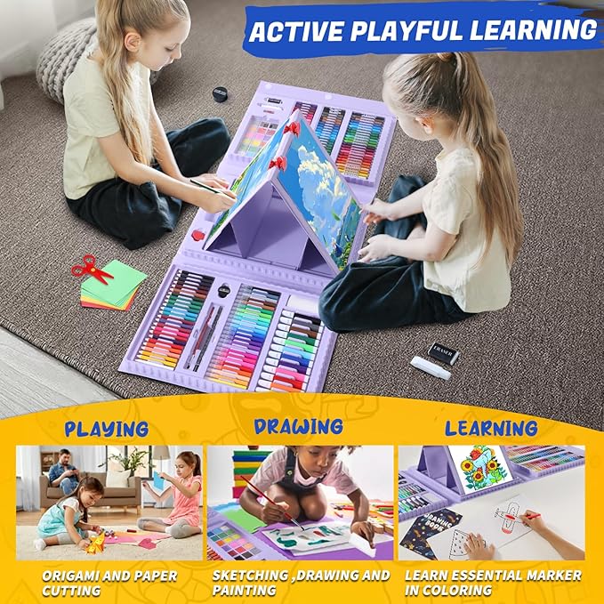 All in One Art Supplies, Art Kit Includes Easel, Origami Paper, Colored Pencils, Crayons, Drawing Book, Coloring Book, Watercolor Pens, Markers and Oil Pastels, Gifts for Girls Boys Teens, Purple