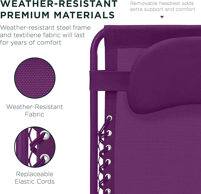 Best Choice Products Oversized Zero Gravity Chair, Folding Outdoor Patio Lounge Recliner w/Cup Holder Accessory Tray, Pillow - Amethyst