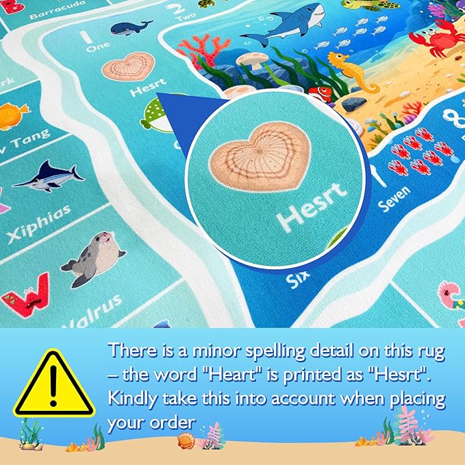 ABC Kids Ocean Rug for Playroom, 4x6ft Alphabet Classroom Rug, Educational Kids Play Mat with Number Shape Animal, Learning Area Rug for Nursery Bedroom Kidsroom, Colorful Non-Slip Washable