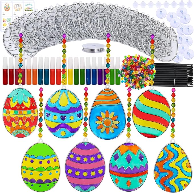 24 Sets Easter Egg Suncatcher Ornaments Decoration DIY Window Paint Art Stickers Craft Kit 8 Designs Easter Egg Suncatchers for Kids Classroom Easter Spring Activity Art Projects Basket Party Favors