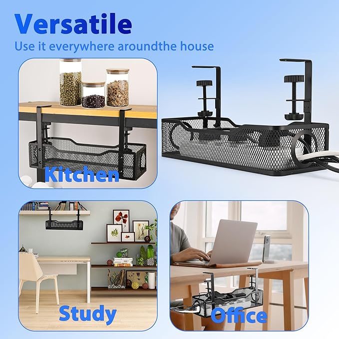 Under Desk Cable Management Tray Small – Clamp-Mounted Wire Organizer & Cord Management Under Desk Holder, No-Drill Metal Cable Tray for Home Office (Black)