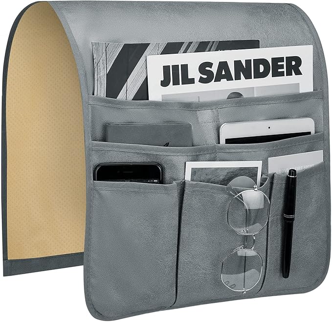 Teniux Remote Control Holder Faux Leather Armrest Organizer with 6 Pockets for Recliner Couch Sofa, Armchair Caddy for Smart Phone, Book, Magazines, Ipad, Remotes (Grey)