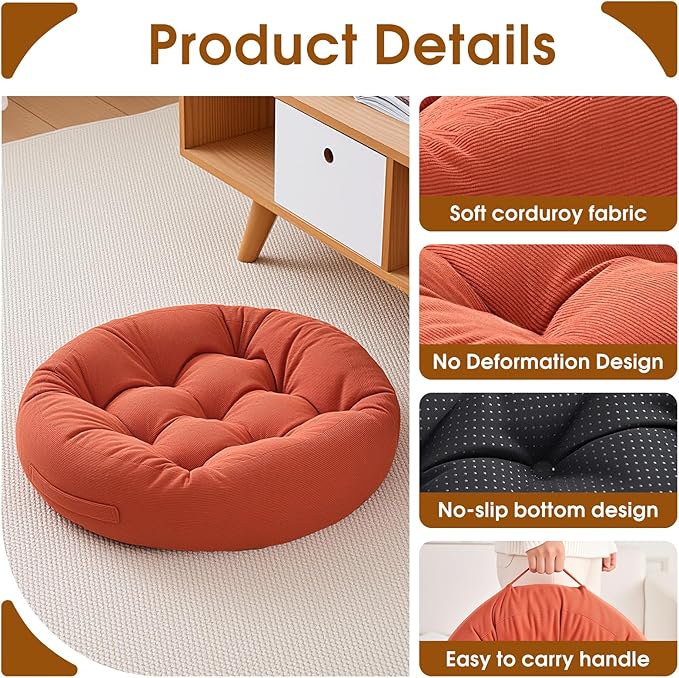 2Pcs Floor Pillows for Adults, Meditation Cushions, Large Round Sitting Cushion Living Room Memory Foam Pillow for Sitting (2, Orange, 22x22x4 Inch)