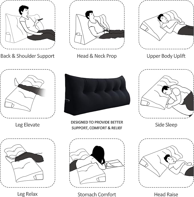Wedge Headboard Large Bolster Pillow Reading Pillows for Sitting in Bed Adult， Velvet Triangular Cushion Backrest Lumbar Back Support Upholstered Daybed Sit Up Book Pillows（Black, Queen）