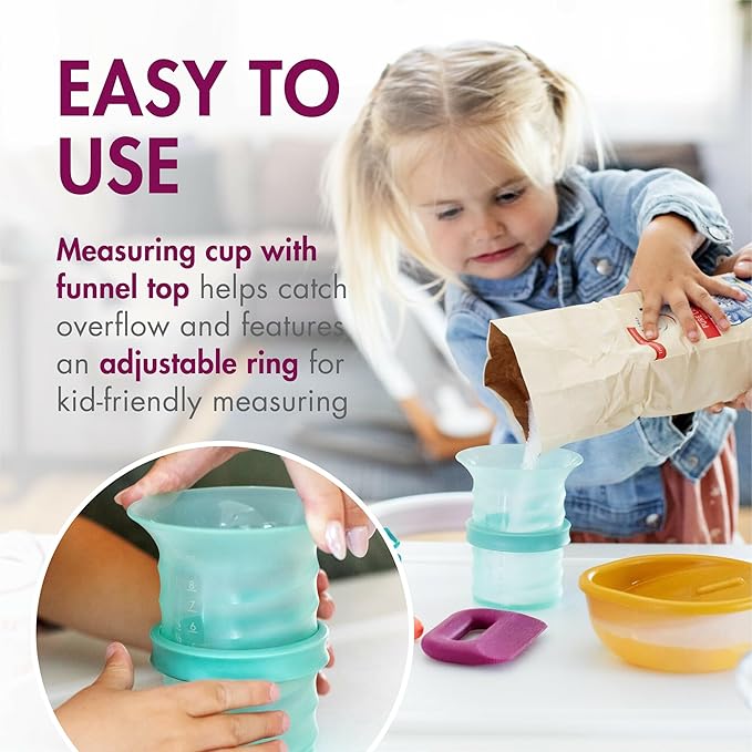 Boon Intro Toddler Food Prep Kids Kitchen Set - Kids Kitchen Accessories - 5 Unique Toddler Kitchen Tools Includes Spatula, Egg Cracker, Kids Chopper, Measuring Cup, and Bowl - Ages 3 Years and Up