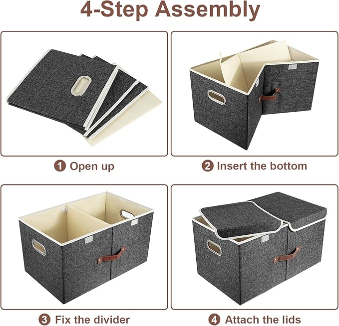 TYEERS Extra Large Collapsible Storage Bins with Lids and Compartments, Washable, Fabric Storage Boxes, 21.7x13x11.8 inches, 3 Pack, Black