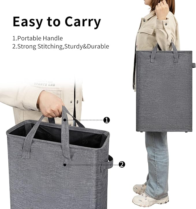 ZERO JET LAG Slim Laundry Hamper With Handles Collapsible Laundry Basket Thin Dirty Clothes Basket Narrow Laundry Bag Foldable Dirty Cloth Hamper 45L (23 inches,Dark Grey)