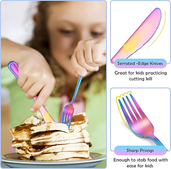 E-far 12-Piece Rainbow Kids Silverware, Stainless Steel Toddler Kids Utensils Safe for Preschooler/Children, Includes 4 Forks 4 Spoons 4 Knife, Slimline Look & Small Size, Rust Free