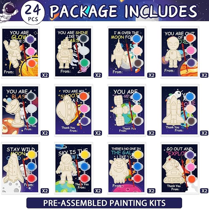 36Pcs Space Party Favors Space Cards with Art Supplies Outer Space DIY Wood Painting Craft Kits Astronaut Thank You for Coming Gifts for Kids Boys Girls Solar System Birthday Gift Bulk (Pre-Assembled)