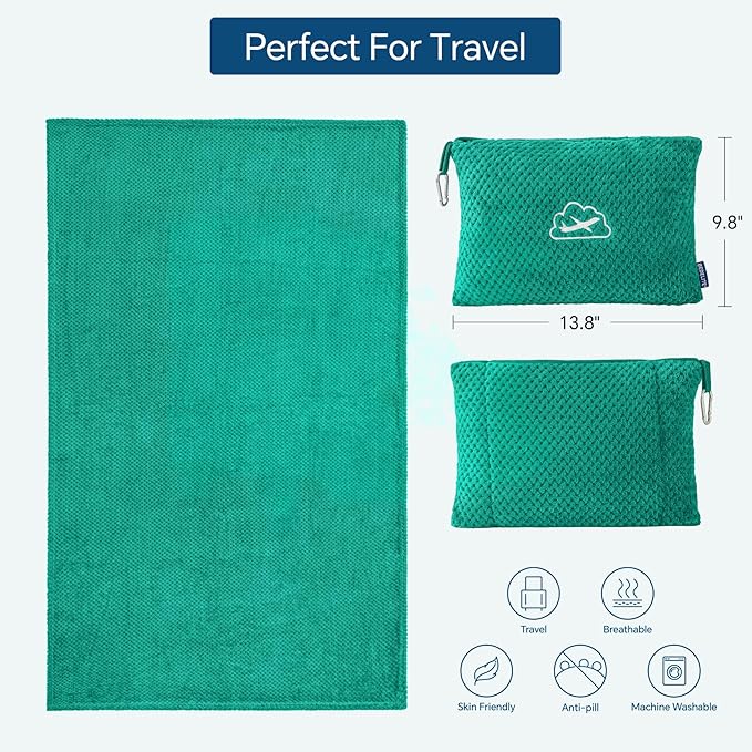 BEDELITE Travel Blanket with Bag, Ultra-Soft Jacquard Fleece Blanket with Luggage Sleeve & Backpack Clip, Airplane Blanket Travel Essentials, Teal