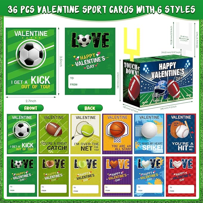 Capoda 36 Pack Valentines Day Sports Gift Set and Valentines Boxes Sports Valentine's Day Cards Adjustable Sport Party Charm Bracelet for Classroom Exchange Prizes Class Party Favors
