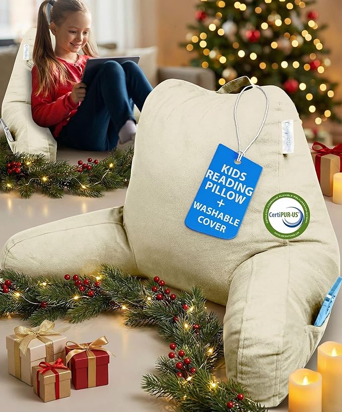 ComfortSpa Reading Pillow for Kids Teens Adult, Back Rest Pillow with Arms, Pockets, Washable Cover; Use as a Back Pillow for Bed Sitting Up for Bedrest or Relief from GERD Heartburn (Standard Cream)