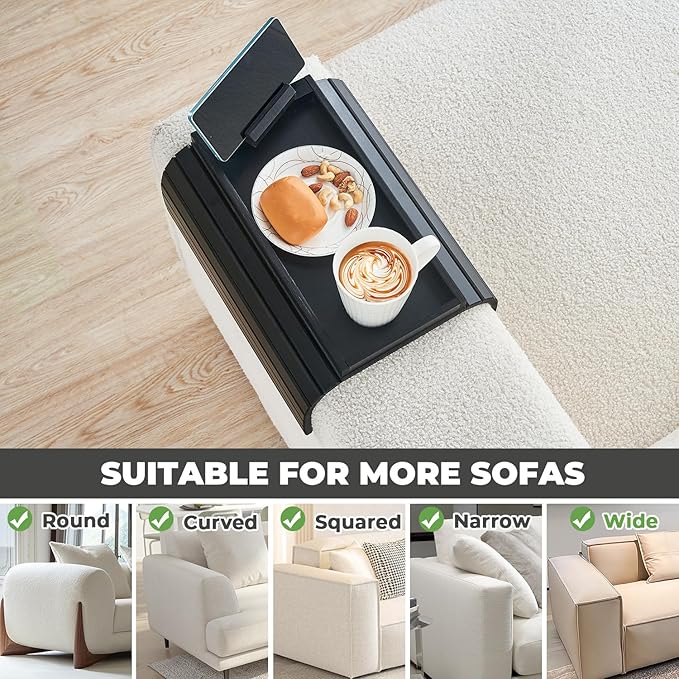 Bamboo Sofa Arm Tray Armrest Table with 360° Rotating Phone Holder, Anti Falling Couch Arm Tray, Foldable and Portable Sofa Armrest Cup Holder for Drink,Cups, Phone, Snacks, Remote