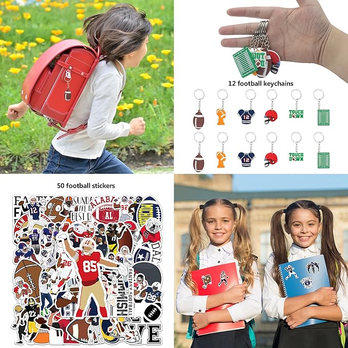 134 Pcs Football Party Favors Set 12 Silicone Bracelet 12 Whistles 12 Keychains 12 Slap Bracelet 12 Tattoo Stickers 12 Fidget Spinners 12 Gift Bags 50 Football Stickers for Football Party Supplies