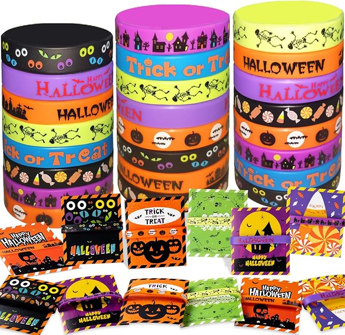 GuassLee Kids Halloween Party Favors Rubber Bracelets, 40pcs Halloween Silicone Wristbands and Cards for Kids Halloween Trick or Treat Gifts, Halloween Giveaways, Halloween Goodie Bag Fillers Supplies