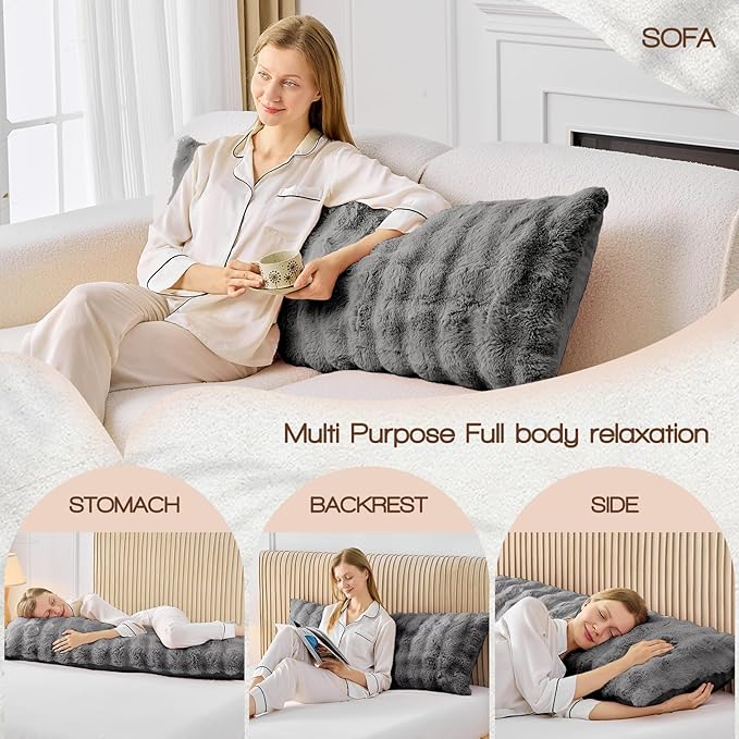 YZ HOME Faux Fur Fluffy Body Pillow for Adults - Firm Body Pillow Insert with Shredded Blue Memory Foam, Adjustable Height, Soft Support for Side Sleepers, Pregnant Women, Washable, 20x54 Inch (Grey)