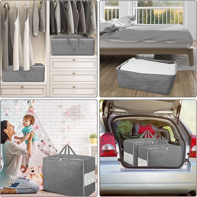 6Pack 105L Extra Large Storage Bags, Folding Moving Comforter Blanket Storage Bags Closet Organizers and Storage Containers for Clothes with Strong Handles&Zippers Clear Window for Bedding Pillow Grey
