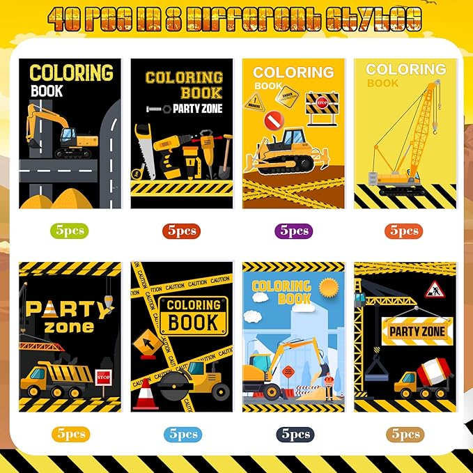 Estune 40 Pcs Coloring Books Party Favor for Kids Coloring Book Set Mini Small Color Booklets Goodie Bag Stuffers Gift Classroom Home(Construction Trucks)