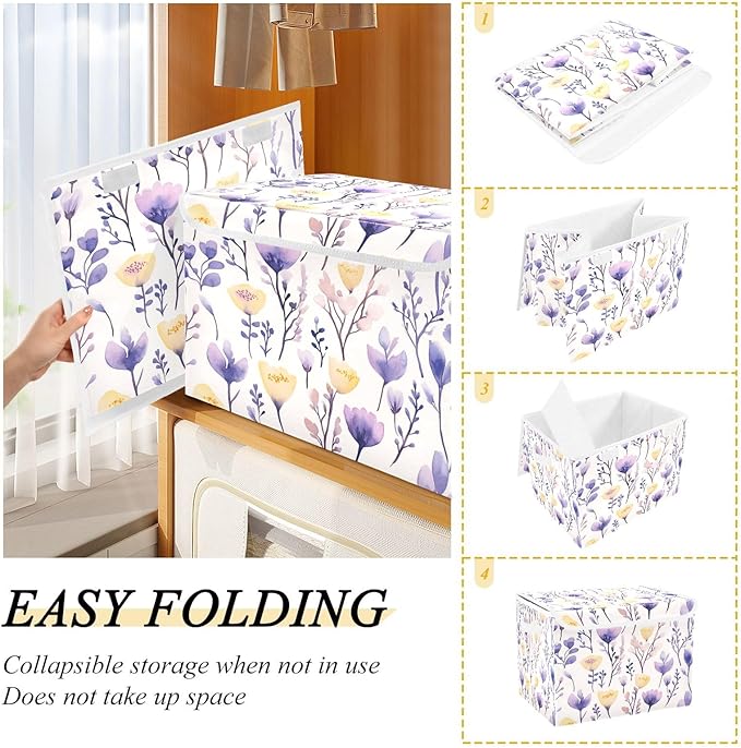 senya Large Storage Bins with Linen Collapsible Foldable Storage Cubes Fabric Closet Organizer Containers box with Flip-Top Lid for Home Bedroom Office 16.7 x 12.6 x 11.8in (Yellow Purple Flower)