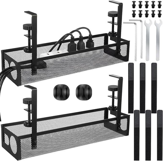 2 Pack Under Desk Cable Management Tray, 15 Inch No Drill Metal Mesh Organizer with Hybrid Side Slots, Wire Holder Storage Rack for Office Home Desk