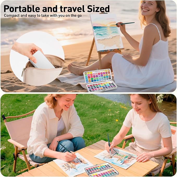 Watercolor Paint Set 100 Colors botkc Travel Water Colors kit with 7 Brushes 8 Watercolor papers Palette set Including Metallic and Accessories Art Supplies Gifts for Beginner Artists Adults and Hobbyists