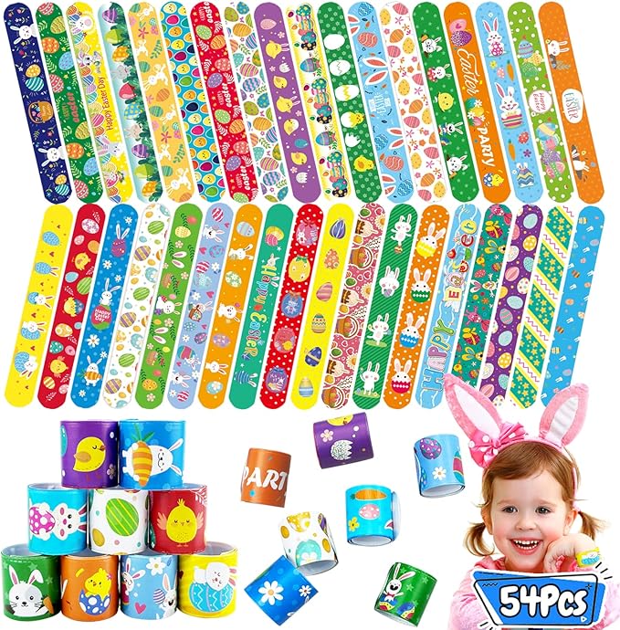 54Pcs Easter Slap Bracelets, Easter Basket Stuffers, Easter Egg Fillers, Easter Egg Hunt Event, Party Favors for Kids, Classroom Prizes Boys Girls School Supplies