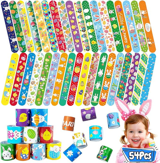 54Pcs Easter Slap Bracelets, Easter Basket Stuffers, Easter Egg Fillers, Easter Egg Hunt Event, Party Favors for Kids, Classroom Prizes Boys Girls School Supplies