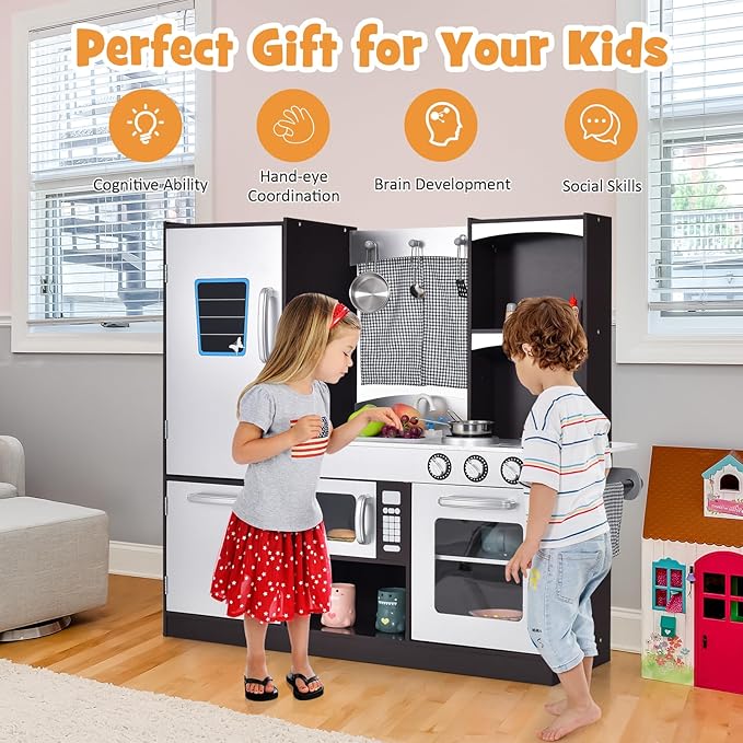 Costzon Kids Kitchen Playset, Wooden Toddler Kitchen Toy Set with Realistic Sound, Microwave, Oven, Refrigerator, Chalkboard & Towel Rack, Pretend Play Kitchen, Gift for Boys Girls (Coffee)