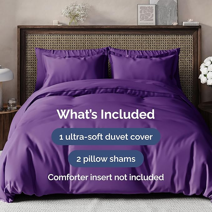 Duvet Cover King Size Set - Extra Soft King Size Duvet Cover 104 x 90 with 2 Pillow Shams - Hotel Luxury, Easy Care and Fade Free with Zipper Closures & Ties - Comfy, Breathable Bedding Set (Purple)