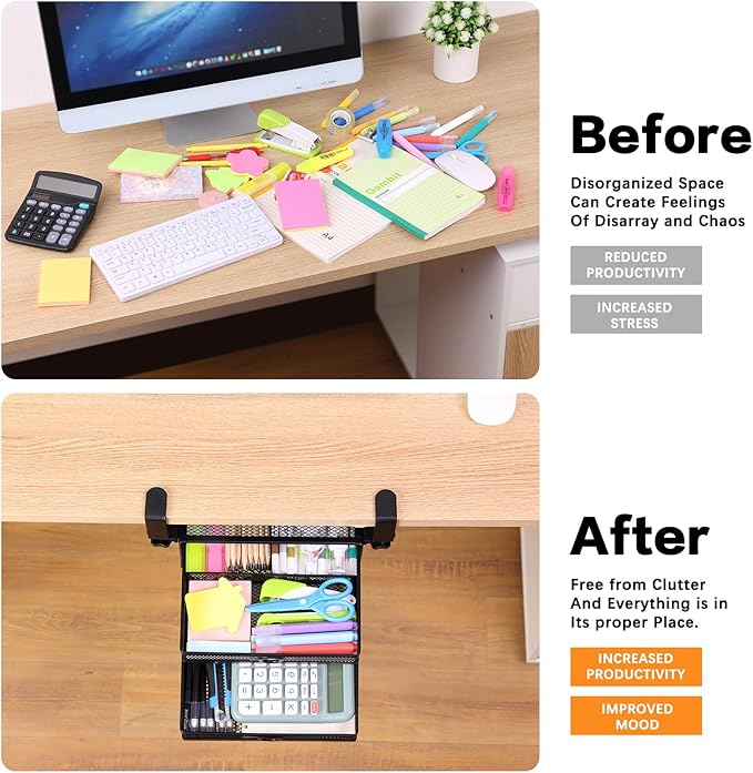 2-Tier Clamp-On Mesh Organizer, Under Desk Storage with Slide-Out Tray, No Drilling Tool-Free Installation, Durable Rust-Resistant Metal, Large-Capacity Organizer.