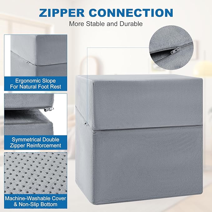 Adjustable Foot Rest for Under Desk at Work,Suitable for Offices Gaming Homes Air Travel and Features a Zippered Connection Design and Under Desk Leg Rest,Removable and Washable Fabric Cover (Gray)