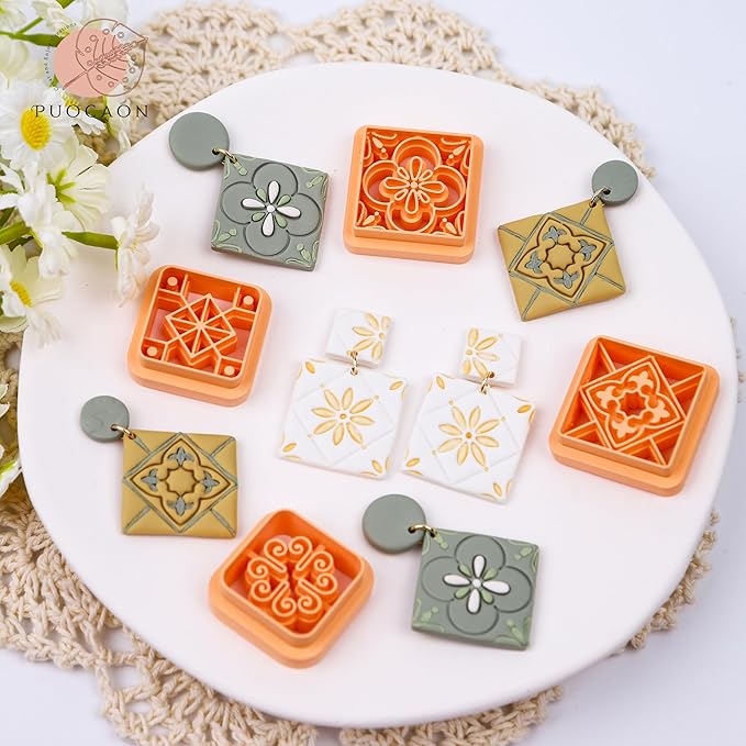 Puocaon Ceramic Tile Clay Cutters - 8 Pcs Bohemain Floral Tile Polymer Clay Cutters for Jewelry Making, Majolica Tile Earrings Clay Cutters, Porcelain Tile Clay Jewelry Cutters Polymer Clay Jewelry