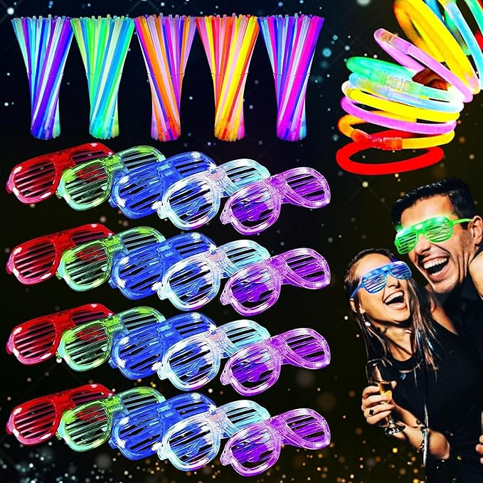 125 Pack Glow in the Dark Party Supplies with 100 Glow Sticks Bracelets and 25 Shutter Shades Flashing Glasses, LED Light Up Toys Neon Party Favors for Kid/Adult Birthday Wedding Carnival Concerts