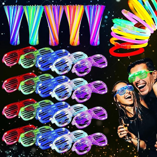 125 Pack Glow in the Dark Party Supplies with 100 Glow Sticks Bracelets and 25 Shutter Shades Flashing Glasses, LED Light Up Toys Neon Party Favors for Kid/Adult Birthday Wedding Carnival Concerts