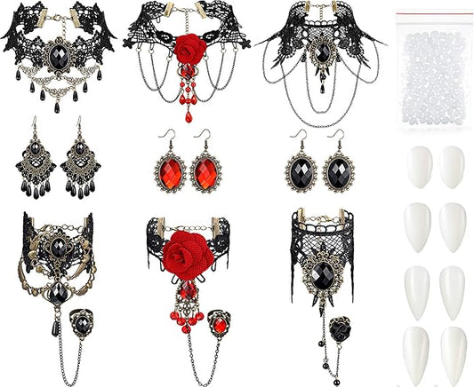 Hicarer 13 Pcs Halloween Vampire Costume Jewelry Gothic Devil Vampire Choker Bracelet Earrings Vampire Teeth Fangs Red Black Lolita Pendant Choker Jewelry for Victorian Vampire Cosplay Zombie Party