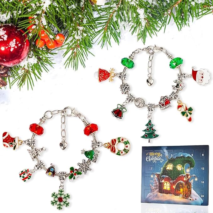 Christmas Advent Calendar Bracelets 2025 for Girls 24 Days Xmas Countdown Calendar DIY Jewelry Making Kit Gift 22 Charm Beads 2 Bracelets for Kids Teens Women