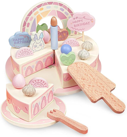 Birthday Cake Toy - Wooden Play Food Fake Birthday Cake Cutting Toys for 3 4 5 Year Old Girl Birthday Gift - Pretend Play Food with Candles&Plates,Tea Party Toys for Kids Age 3+ (28pcs)