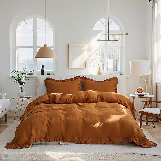 Simple&Opulence 100% Linen Duvet Cover Set, 3 PCS Natural French Flax Rust Ruffle Duvet Cover Queen Size, Breathable Comfy Linen Bedding Comforter Cover with 2 Pillowcases (Rust, 88" X 92")