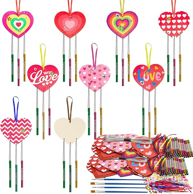 Fennoral 27 Pack Heart Wind Chime Kit for Kids Make You Own Love Wind Chimes DIY Colorful Valentine's Day Wooden Art and Craft for Kids Valentine's Day Party Decoration