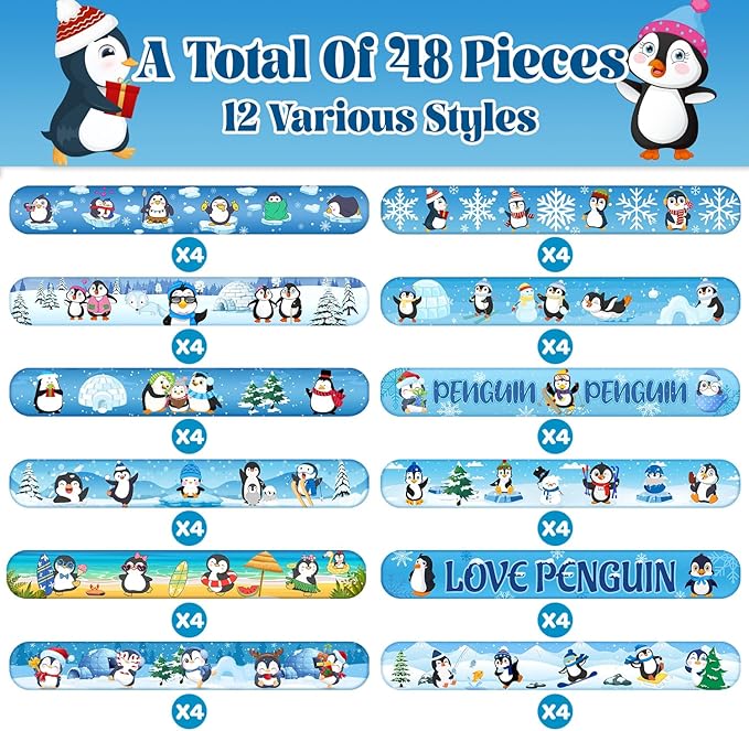 48 PCS Penguin Slap Bracelets Party Favors, Penguin Wristbands Bracelets Goodie Bag Fillers for Penguin Birthday Party Decorations Supplies for Kids Boys Girls Classroom Rewards