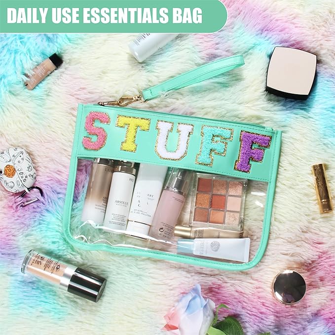 BuyCard Clear Stuff Bag for Travel, Preppy Chenille Letter Embroidered Zipper Pouch, Waterproof PVC & PU Leather Clear Cosmetic Bag, Toiletry Makeup Bag for Women Girls Mint Green
