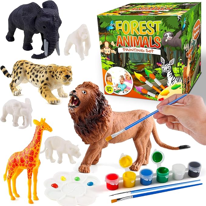 FUNZBO Safari Animals Figures Paint Set for Kids, Arts and Crafts Supplies Painting Kit for Kids ages 4-8, Zoo Jungle Animals Figurines Toy & Playsets for Toddlers 1-3,3-5,5-7 Boys Girls Birthday Gift