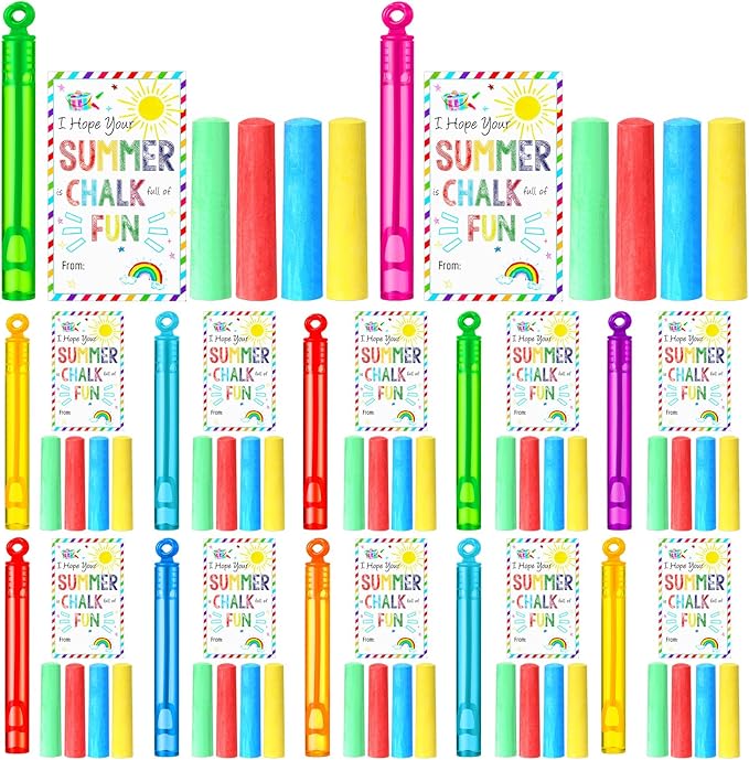 36 Pcs End of Year Student Gifts 12 Sidewalk Chalk 12 Mini Bubble Wands Gift 12 Chalk Full of Fun Blessing Card for Party Supplies Classroom Kids Kindergarten Graduation(Circular Style)