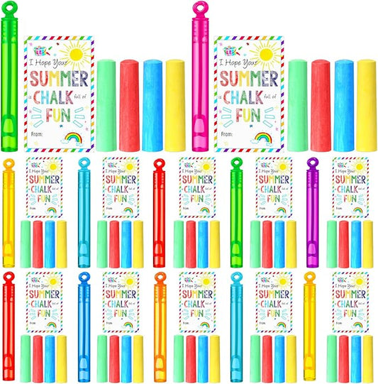 36 Pcs End of Year Student Gifts 12 Sidewalk Chalk 12 Mini Bubble Wands Gift 12 Chalk Full of Fun Blessing Card for Party Supplies Classroom Kids Kindergarten Graduation(Circular Style)