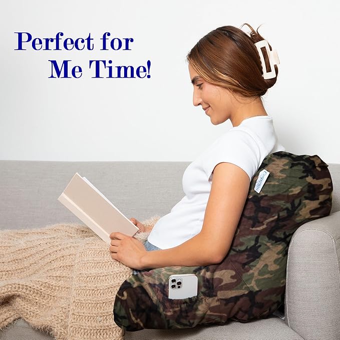 ComfortSpa Reading Pillow for Kids Teens Adult, Back Rest Pillow with Arms, Pockets, Washable Cover; Use as Back Pillow for Bed Sitting Up for Bedrest, Relief from GERD Heartburn (Standard Camouflage)